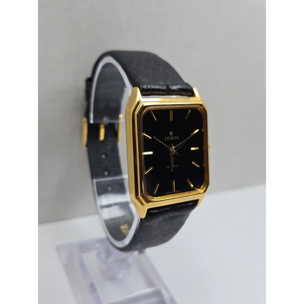 Vintage Jemis by Seiko 27mm Tank Dress Watch Black Dial Gold Tone New Battery